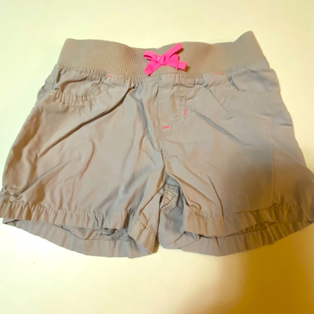 Lightweight Khaki Girls Shorts w/ Pink Ribbon